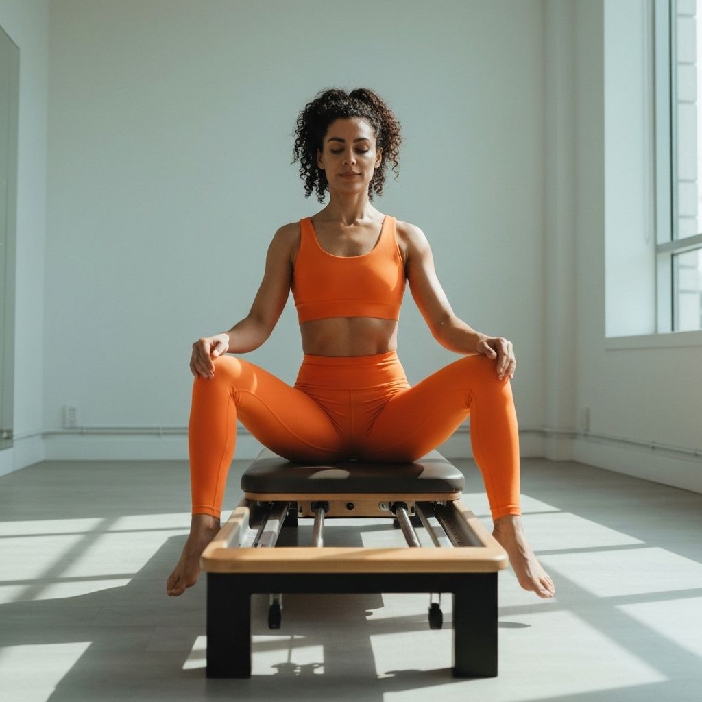 Person in orange outfit on Pilates equipment
